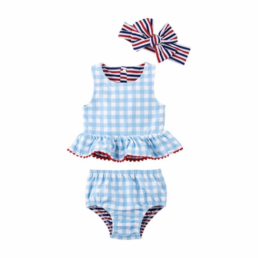 Mud Pie sz 6/9 months Red, White and Blue Girl's reversible Swimsuit Set bow